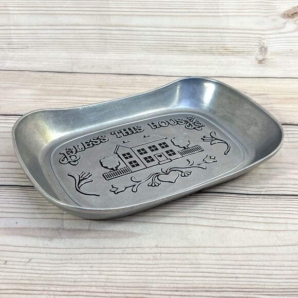 Vintage WILTON ARMETALE Metal Serving Dish Bread Tray 'Bless This House' 11"x7" - Picture 4 of 12